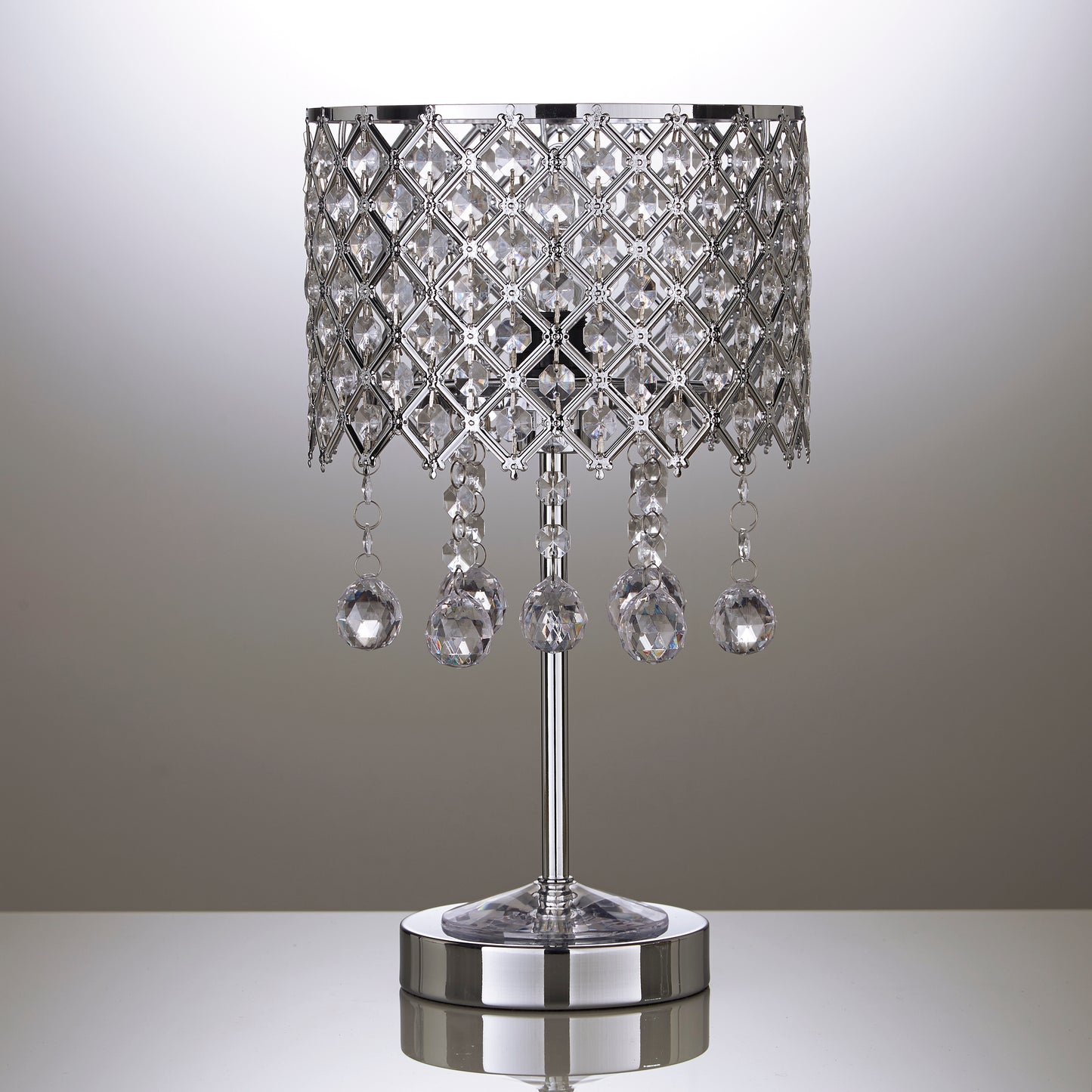 Silver Chrome Metal Table Lamp with Beaded Droplets and Beaded Lamps Shade