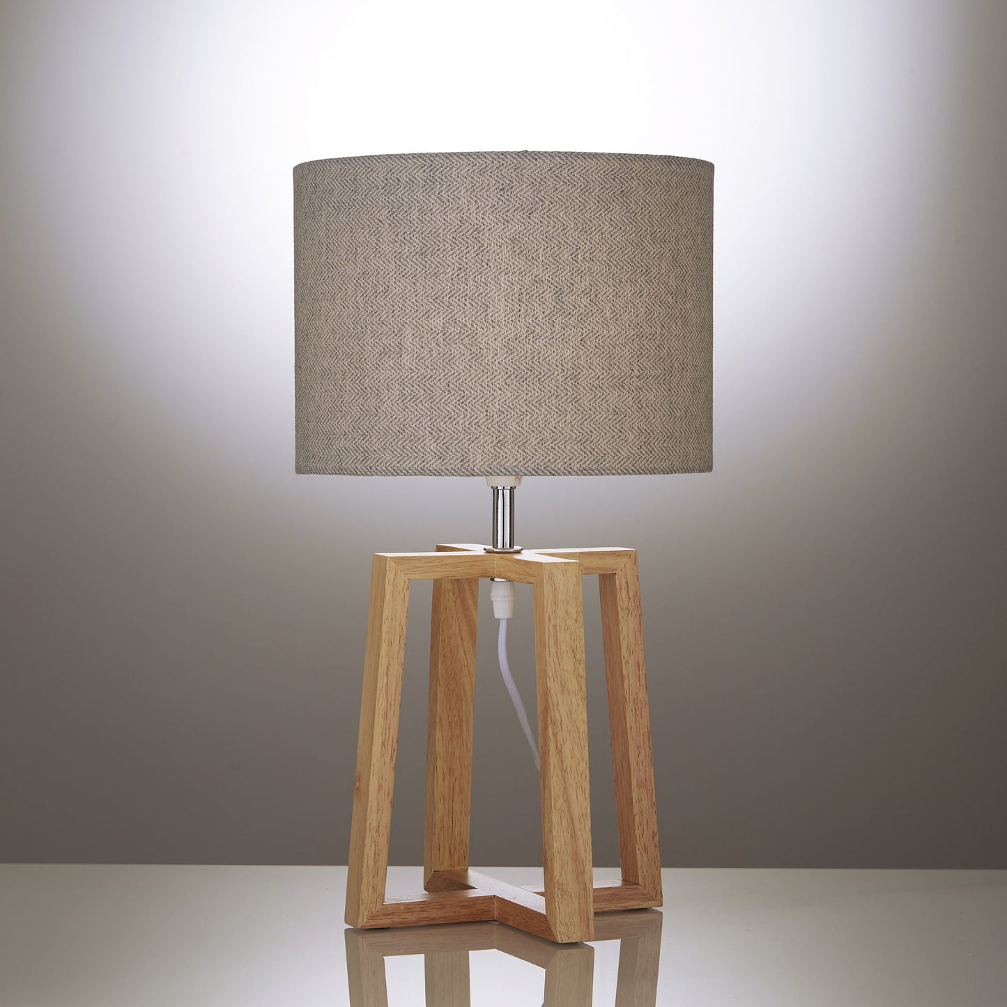 Pair of Natural Wooden Table Lamps with Linen Look Shades Criss Cross Legs