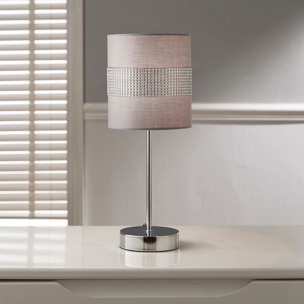 Twinkle Grey Table Lamp with Diamante Wrap Grey shade