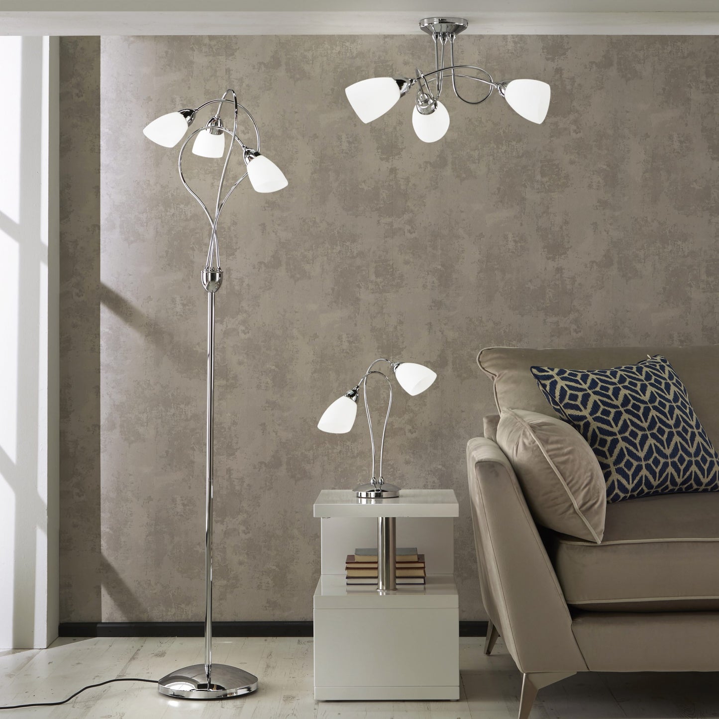 Cygnus Silver Chrome 3 Light Floor Lamp with Glass Shades