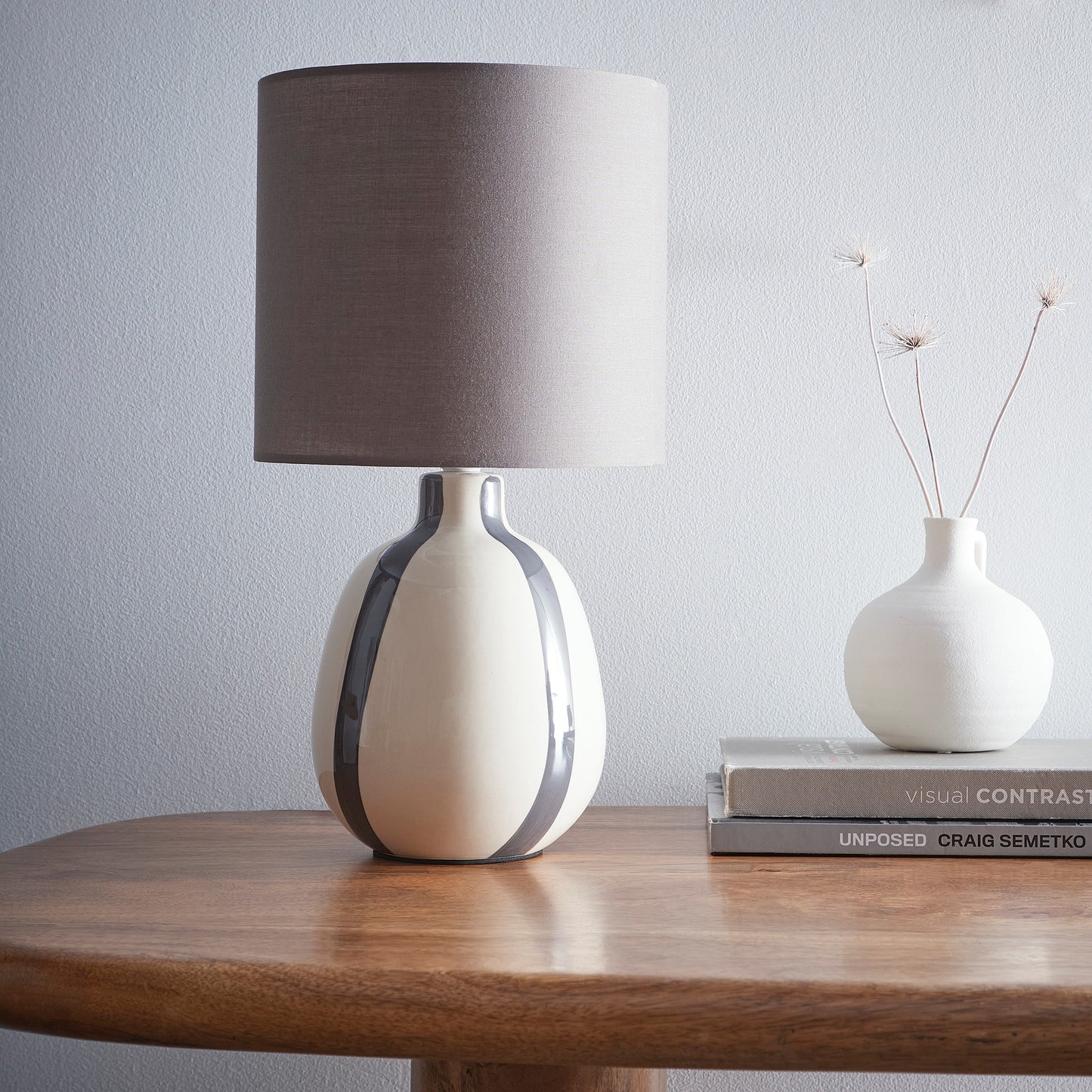 Painted Striped Ceramic Table Lamp with a round base and Matching shades, in Black, Blue, Green and Grey Colour options