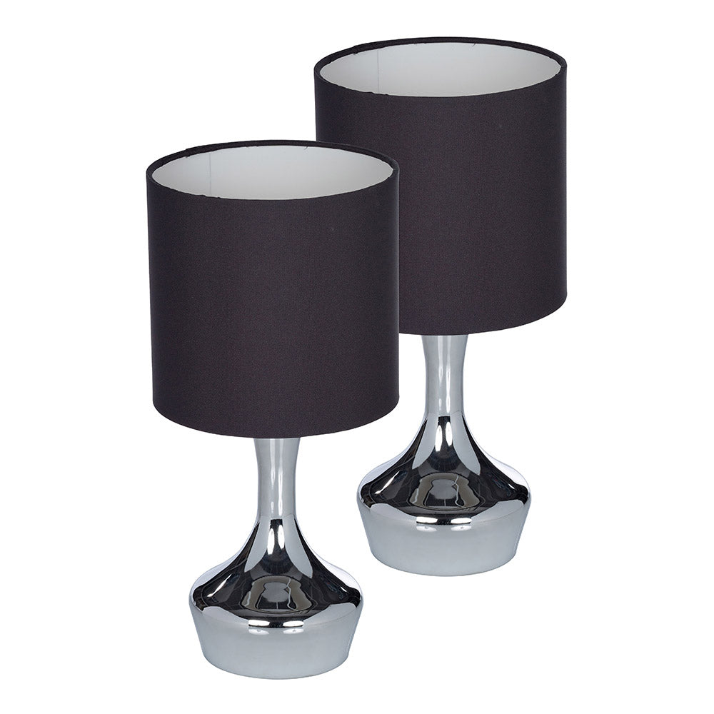 Pair Of Chrome Touch Table Lamps with Black Fabric Shades (Sold in Pairs) 2 x Touch Lamps