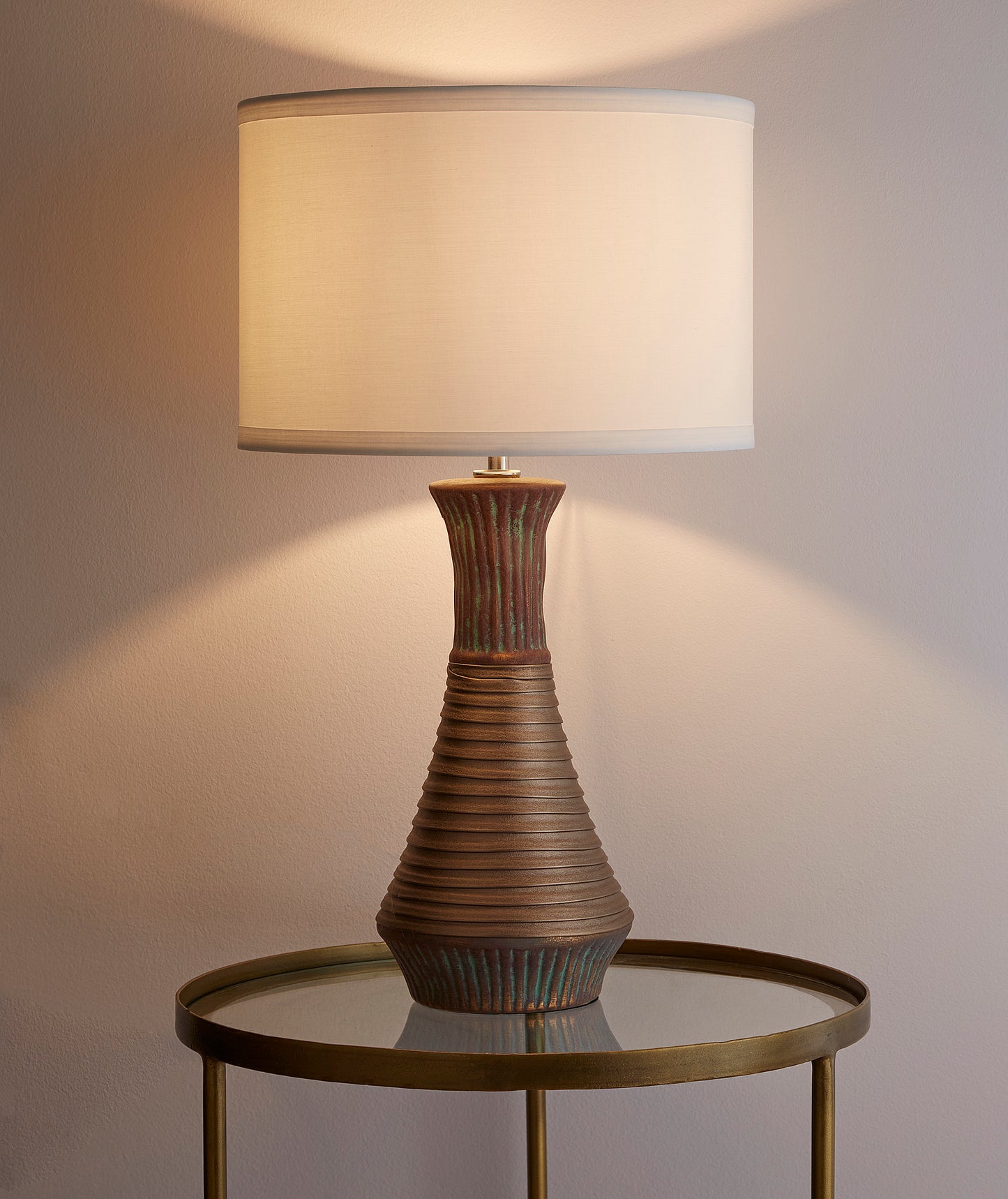 Gold Ceramic Pottery Table Lamp With White Cylinder Shade
