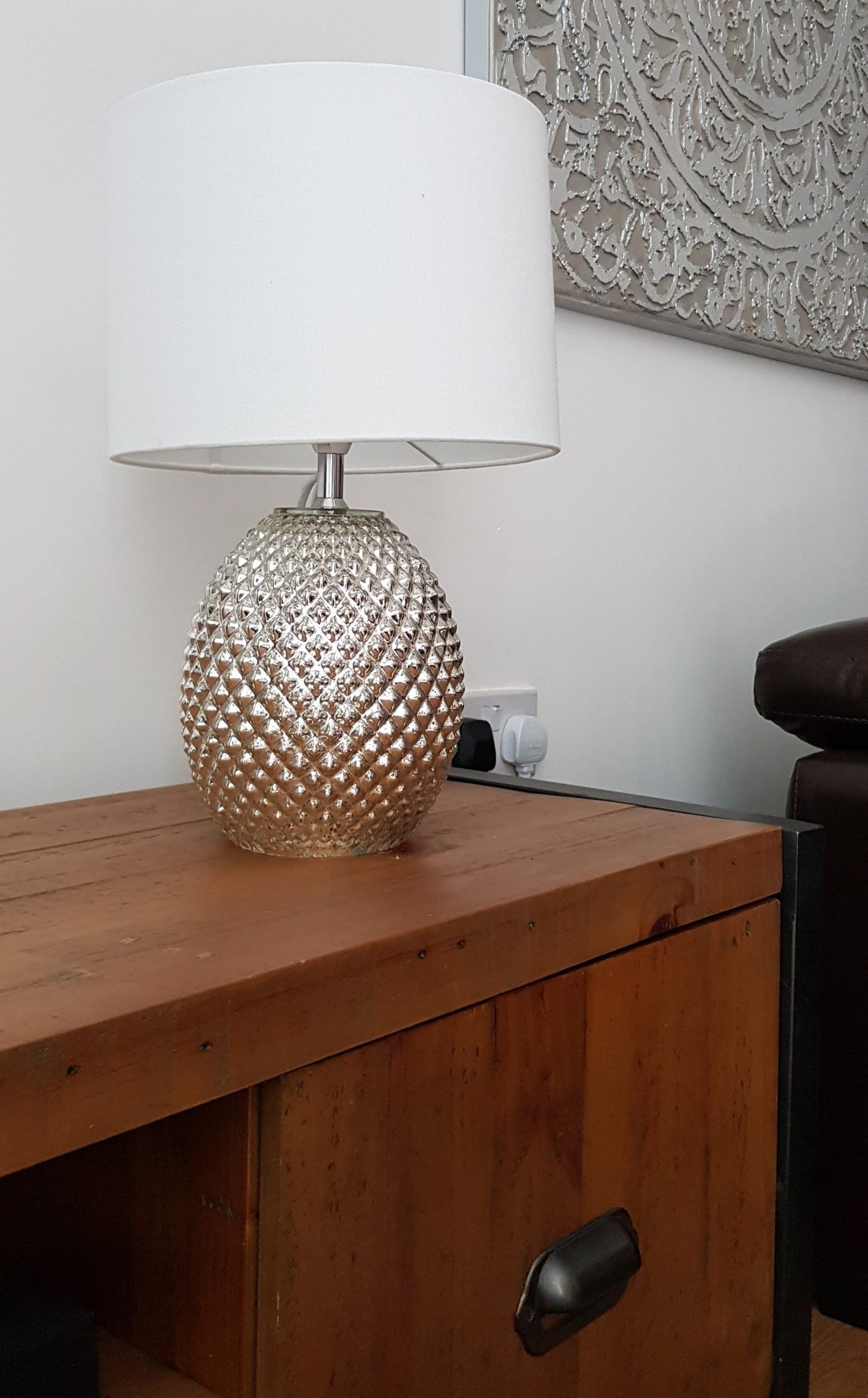 Chantelle Champagne Diamond Cut Pattern Glass Table Lamp, with Silver metallic Finish and White Shade