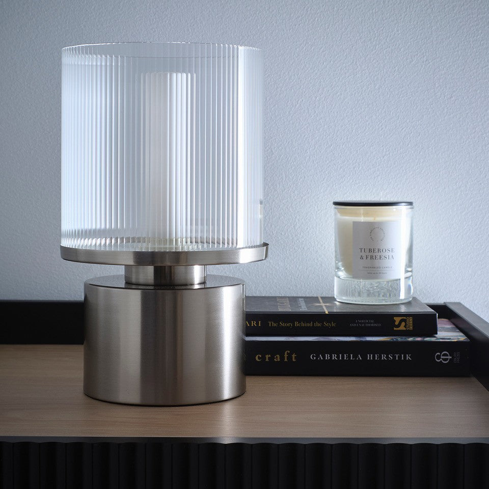 Ribbed Glass Satin Gold Table Lamp or Satin Nickel Table Lamp with Ribbed Glass Shade with a Ceramic Bulb Holding cover