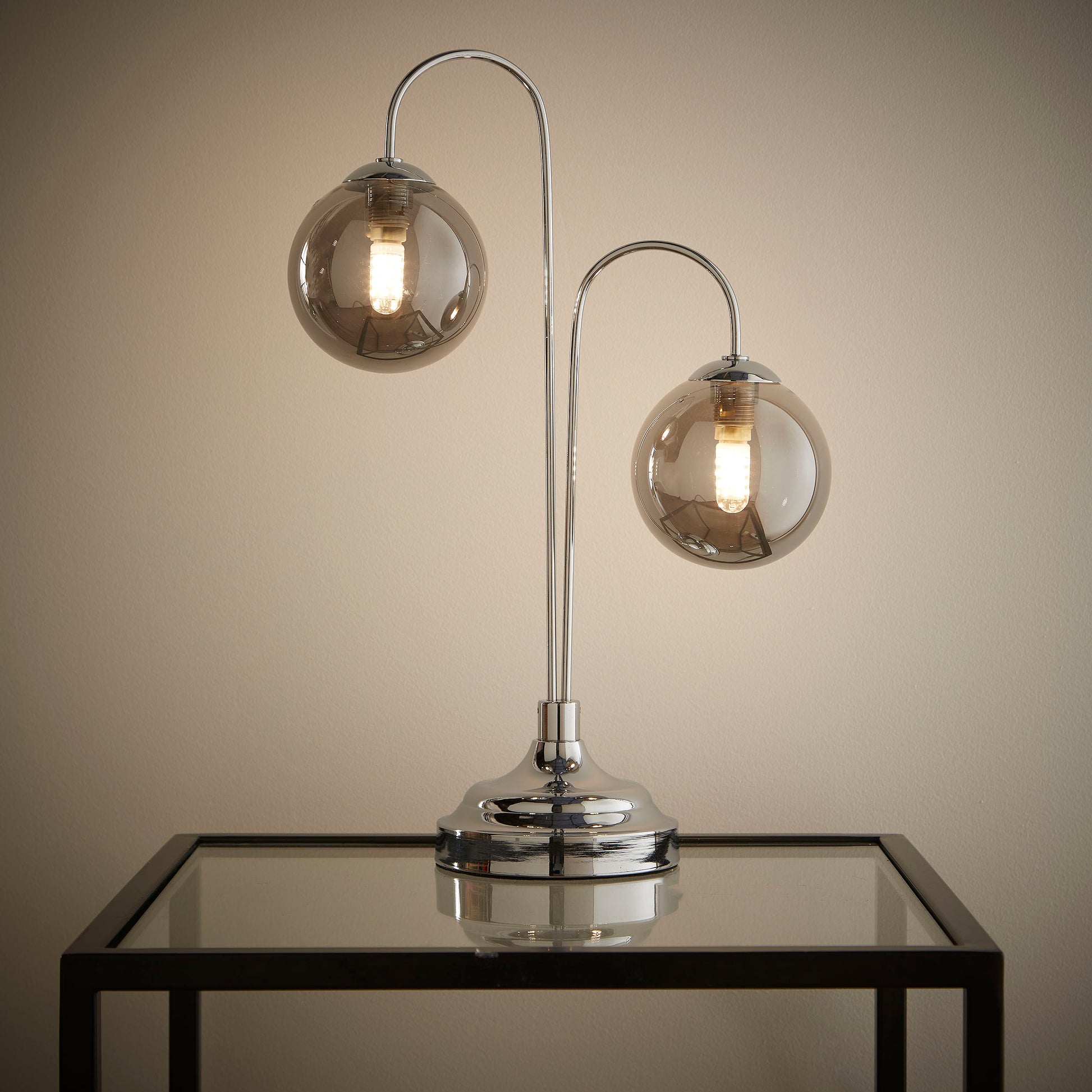 Antique Brass or Chrome Table or Floor lamps with Glass Globe Shades in a hanging branch style