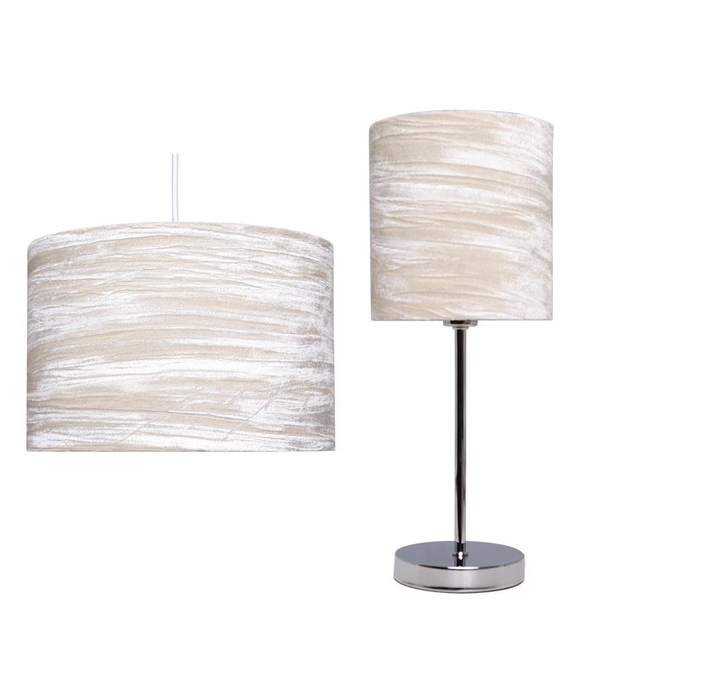 Plush Collection Chrome Table Lamp complete with Shade and coordinating Ceiling Pendant Beige (sold separately)