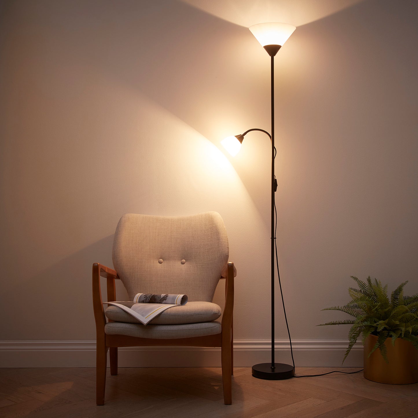 Black Floor Lamp with White Frosted Shades, Mother and Child Dual Switch Option for On or Off