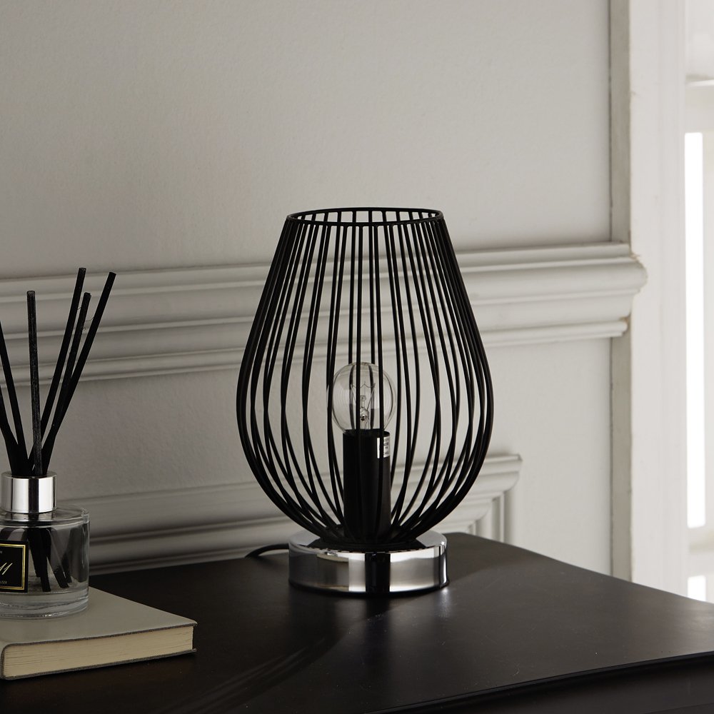 Camille Chrome and Matt Black Metal Caged Industrial Look Touch Lamp