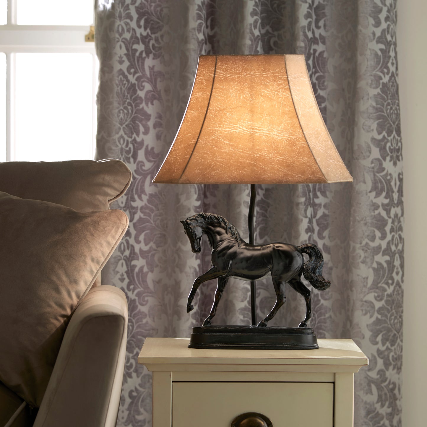 Animal Horse Table Lamp in Black Resin with Faux Suede Style Lamp Shade Stunning