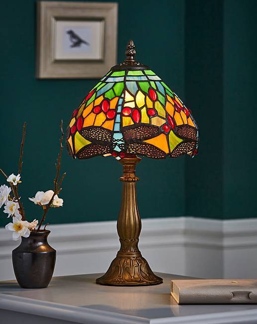 12" Mitcham Tiffany Style Stained Glass Dragon Fly Table Lamp