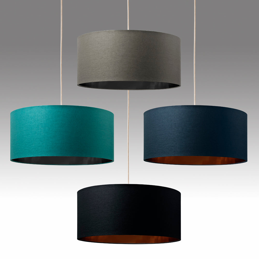 Large Ceiling Drum shades in Black, Grey, Navy or Teal with inner Metallic Linings to Match