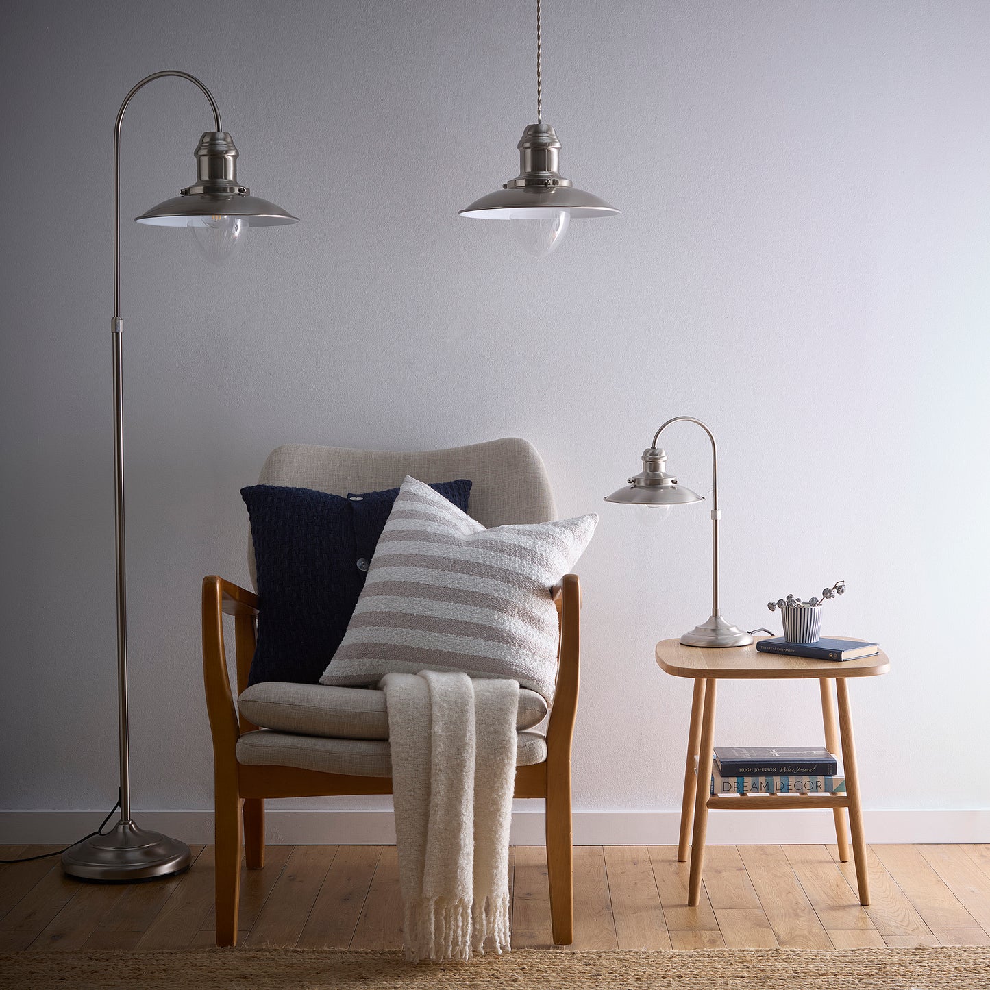 Chester Satin Nickel Vintage Freestanding Fisherman’s Floor Lamp and Industrial Style Shade with Glass