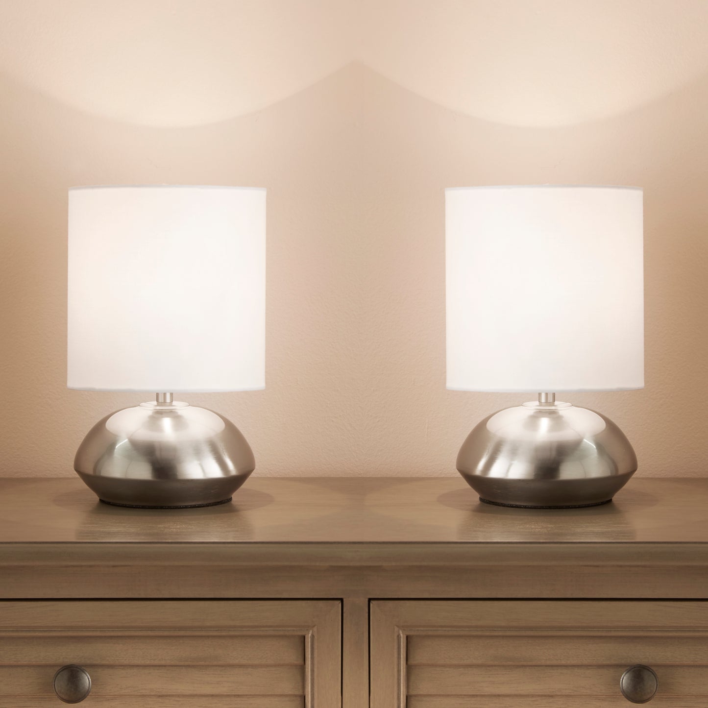 Silver Chrome Pair of Touch Lamps with White Lamp shade and Stepped Dimming options