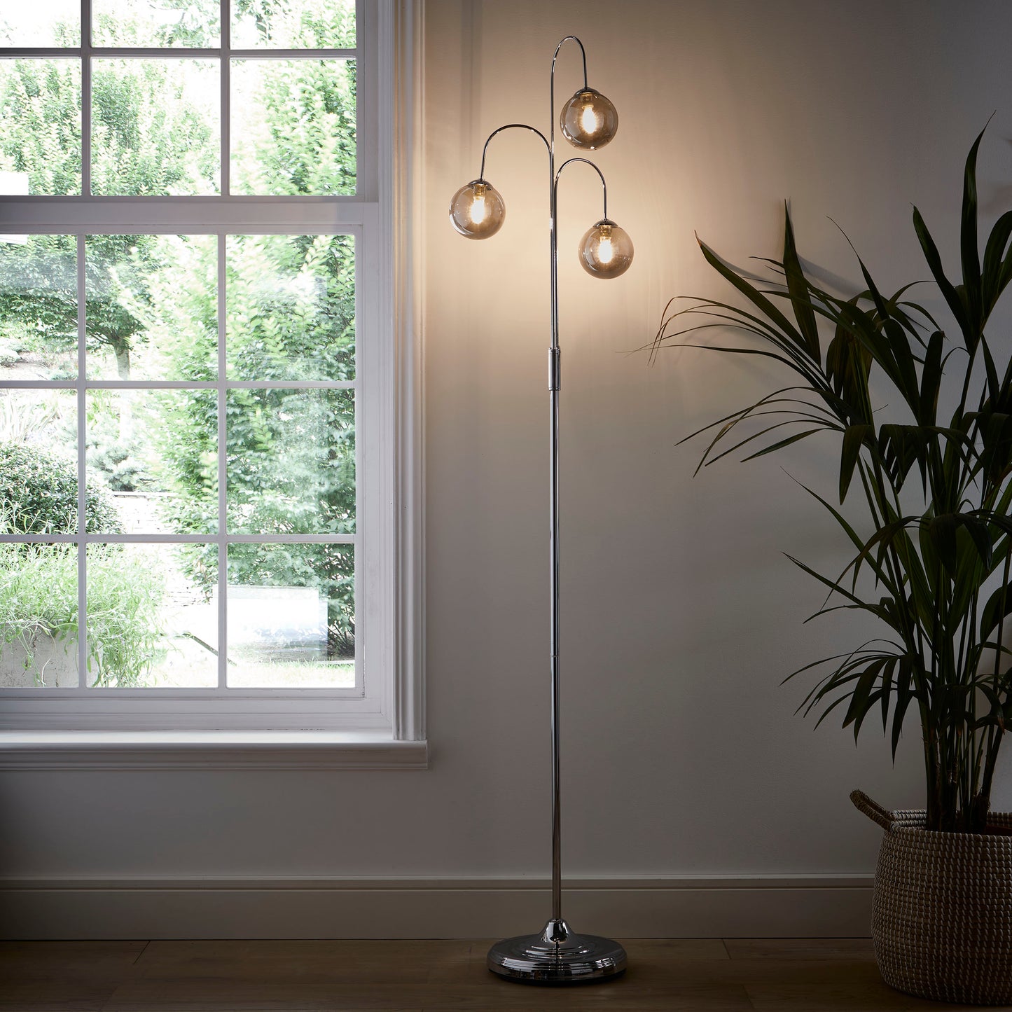 Antique Brass or Chrome Table or Floor lamps with Glass Globe Shades in a hanging branch style