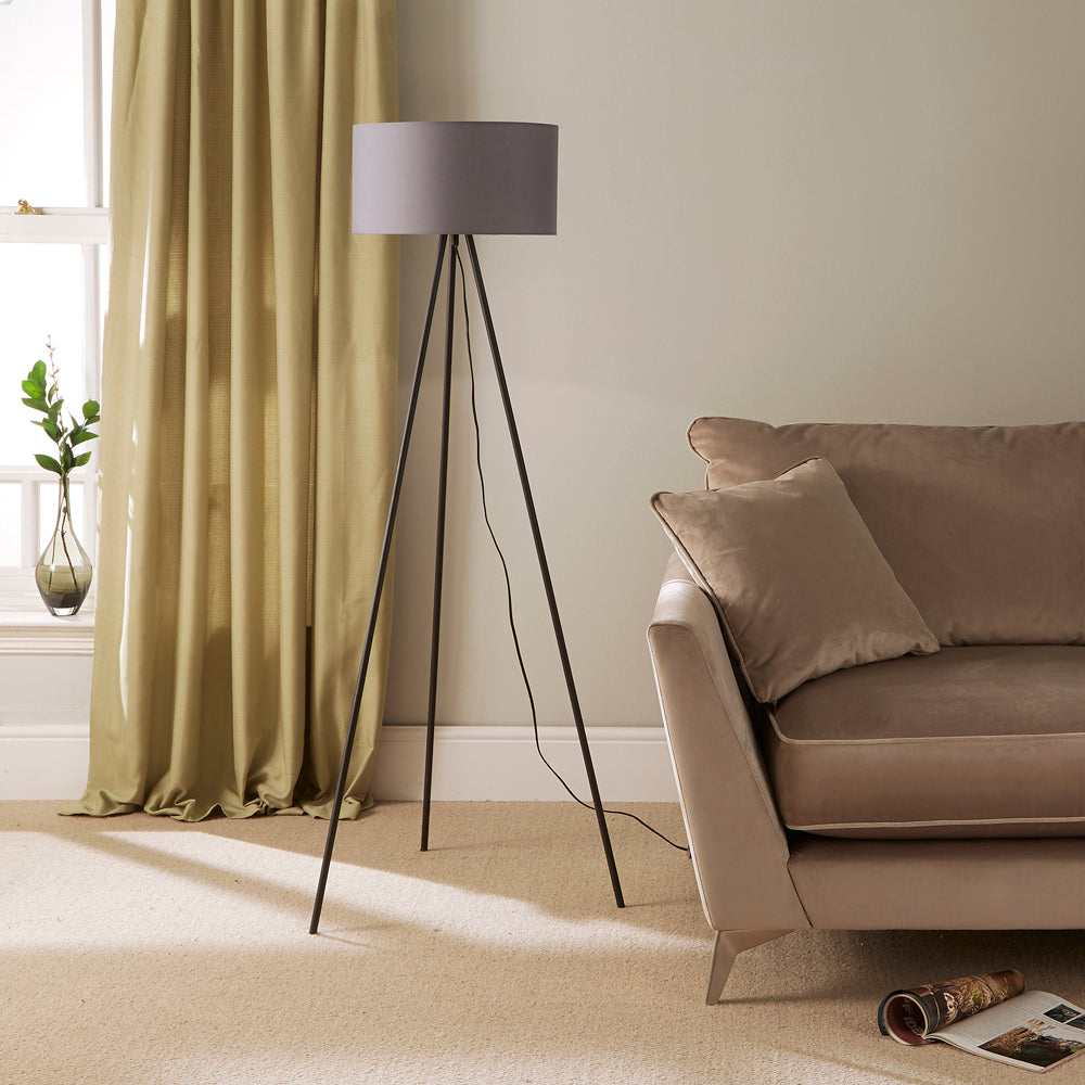 Tripod Floor Lamp with Metal Legs with either a Black Cotton or Grey Cotton Lampshade