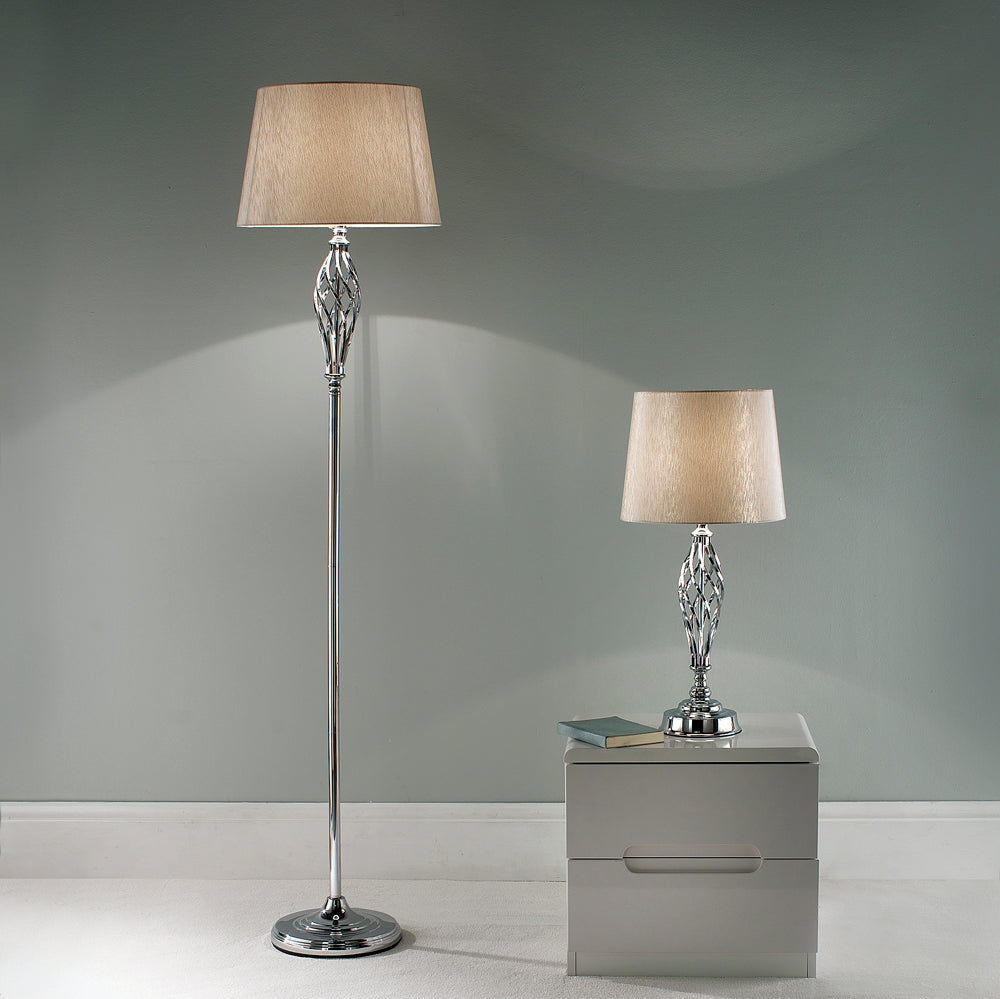 Chrome Table Lamp Base with a Light Gold Fleck Shade and a Feature Barley Twist Spiral stem