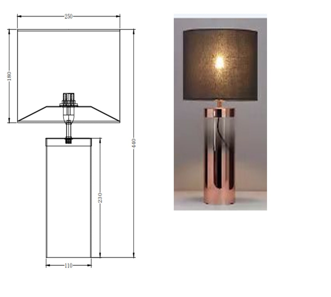 Trenton 44cm Glass Copper Table Lamp with Black Drum Shade