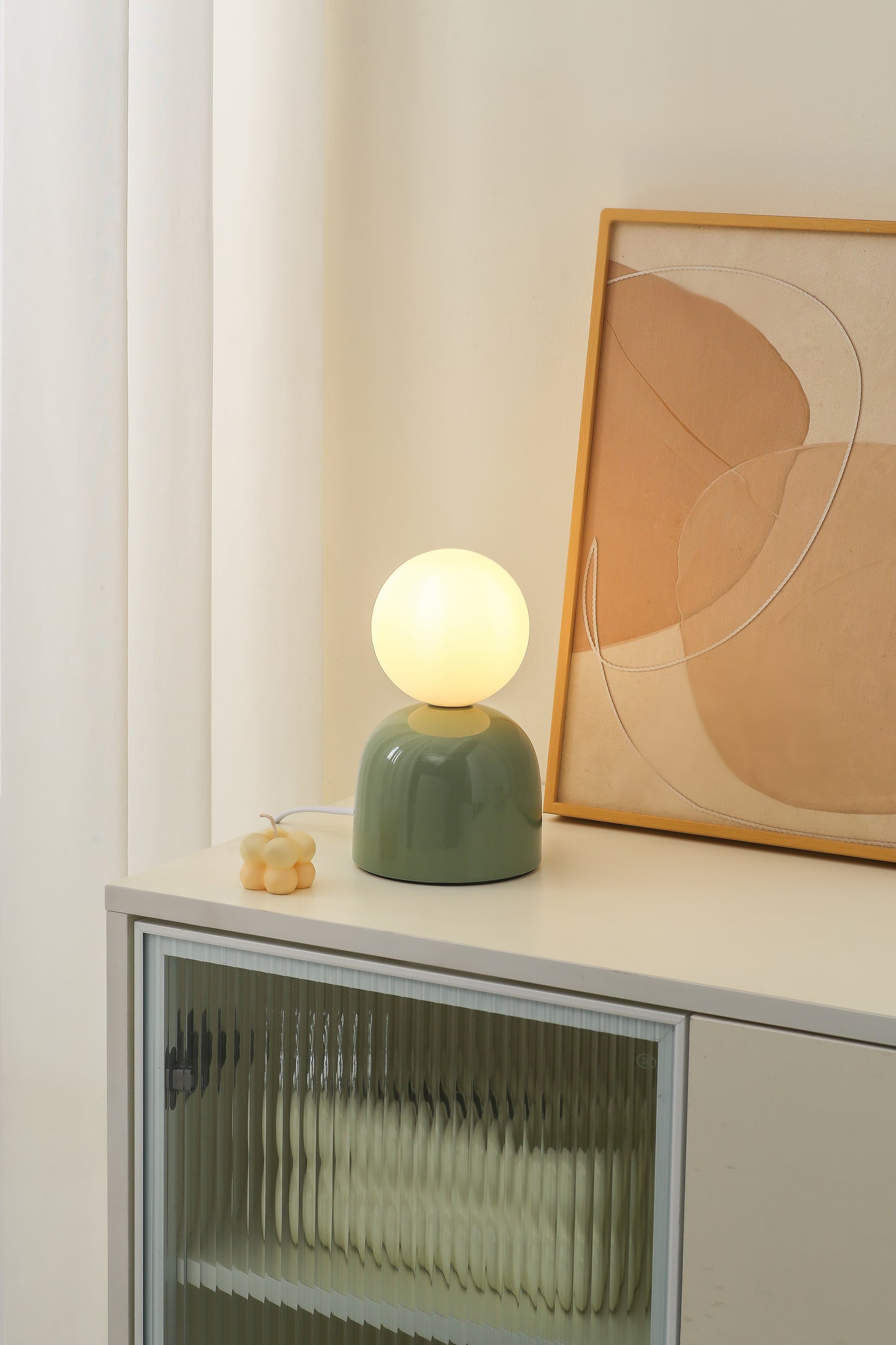Small Ceramic Table Lamp in Brown, Aqua Blue or Soft Green With an Opaque Glass Head