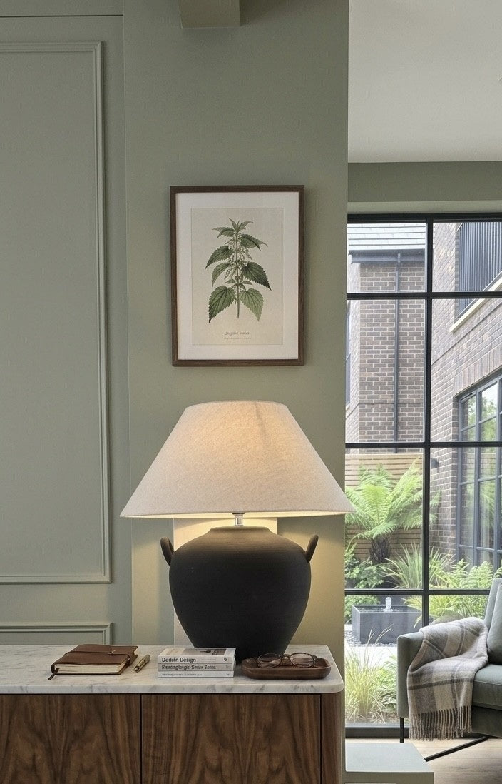 Ceramic Pot Table Lamp in White or Black Stone Like Finish with Side handles and Natural Linen Lampshade