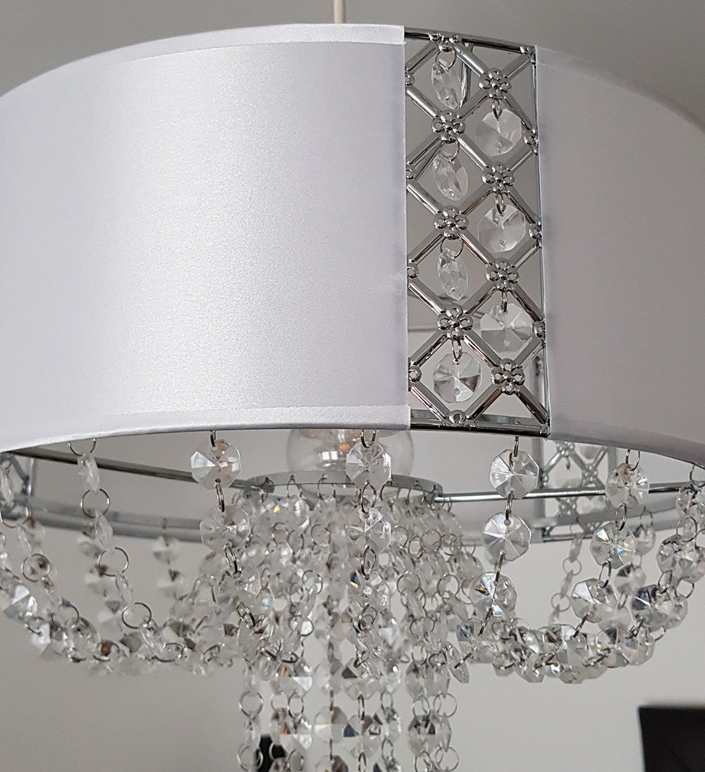 Ruth Drum Fabric Shade with Clear Beaded Chandelier Droplets attached