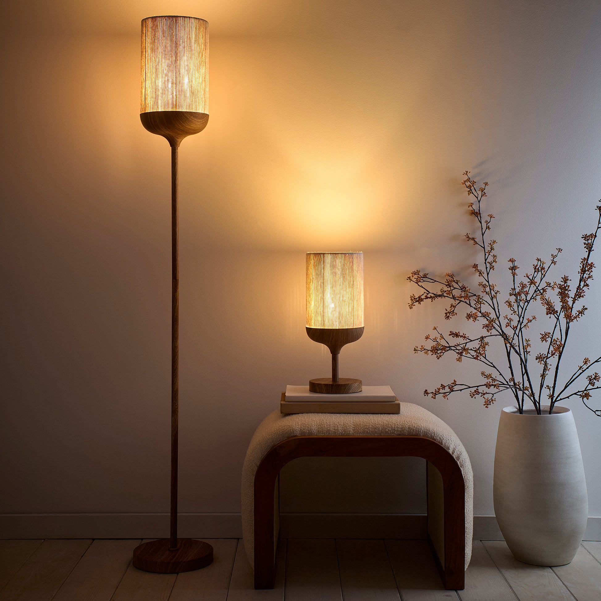 Modern Wood Effect Table and Floor Lamp in a Metal Finish with a Natural Cotton Lampshade