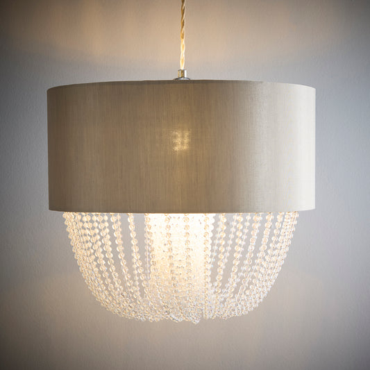 Grey Fabric Ceiling Pendant Light shade with Cascading Acrylic Bead Droplet Design