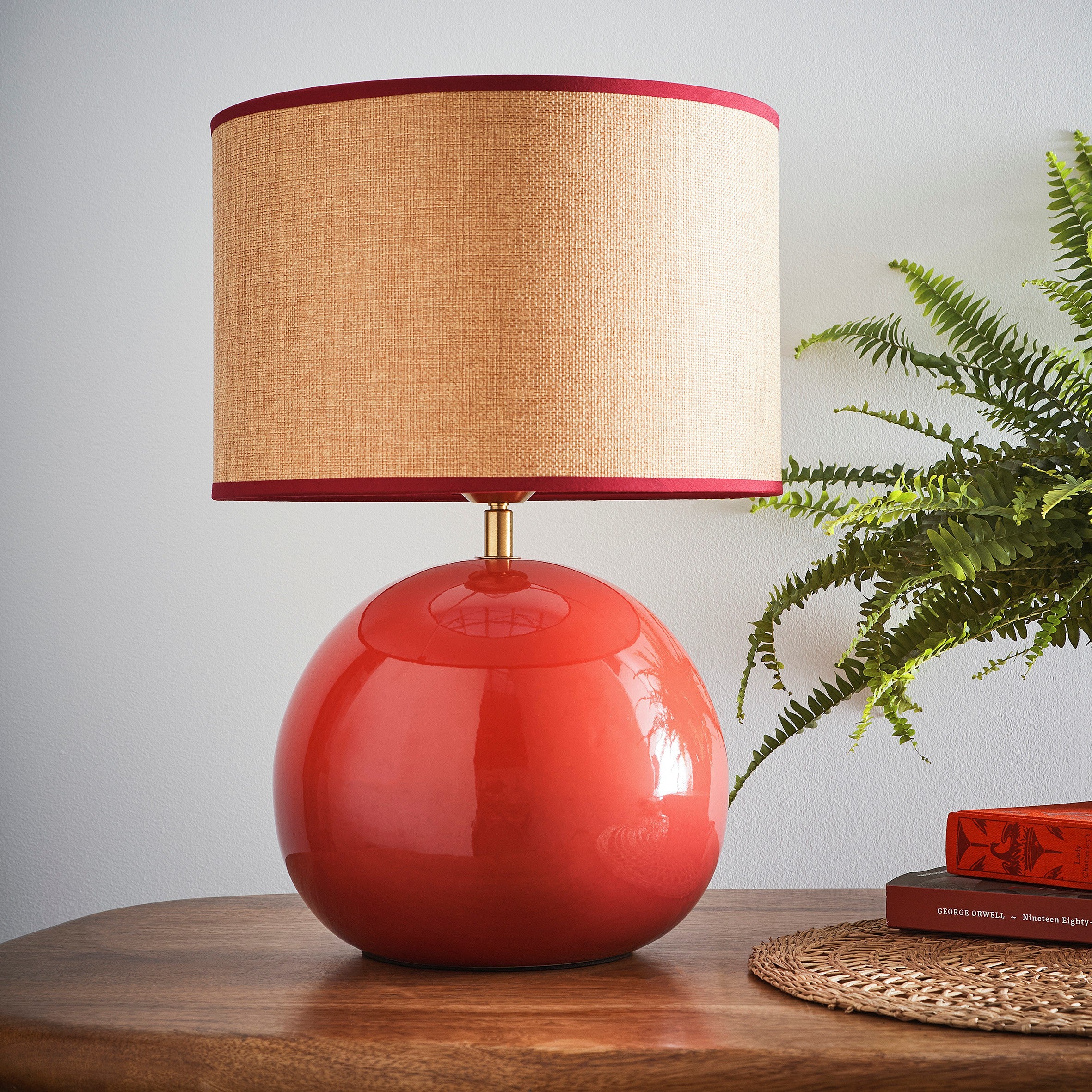 Ceramic Glazed Table lamps with Textured Weave Lampshades in Red, Green or Blue options