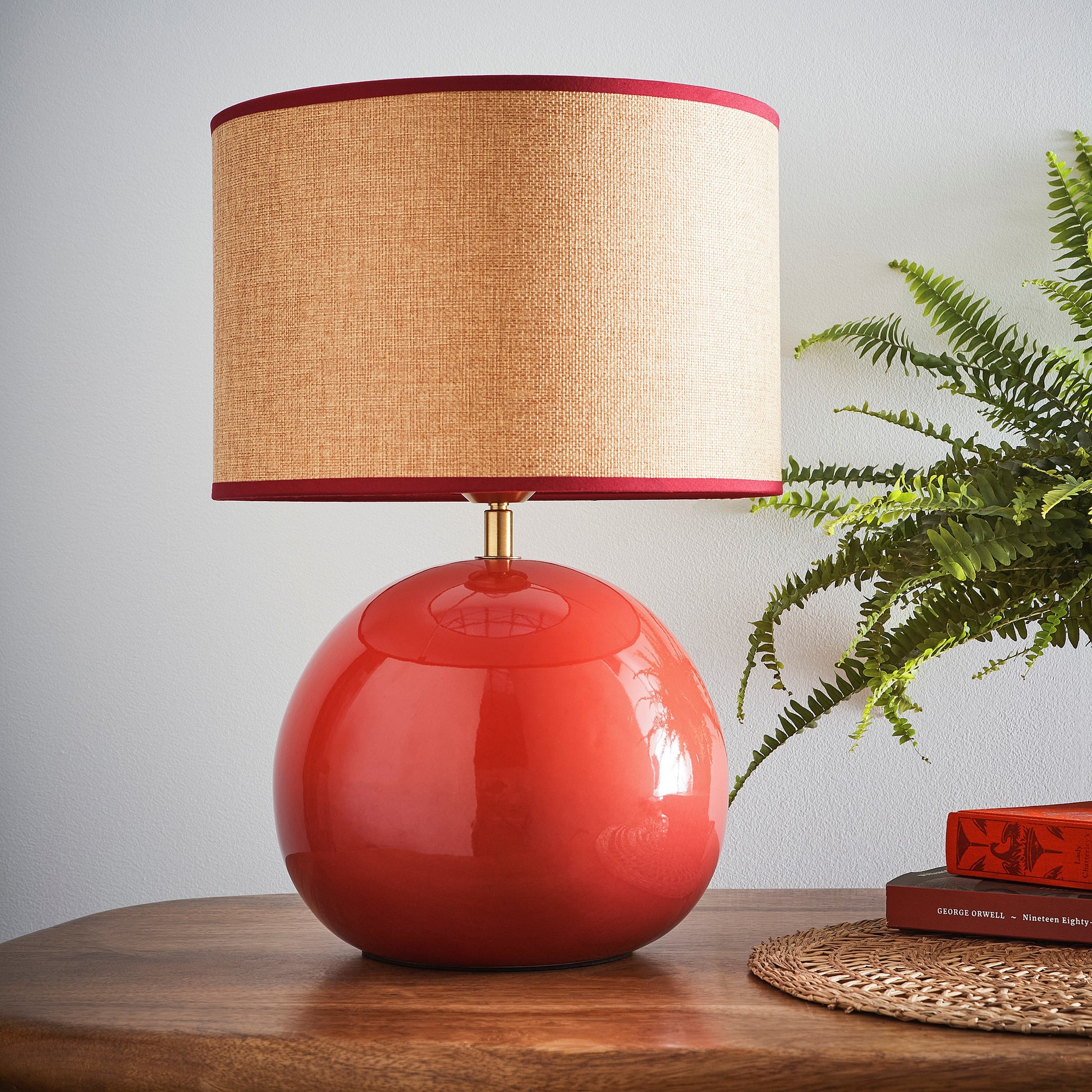 Ceramic Glazed Table lamps with Textured Weave Lampshades in Red, Green or Blue options