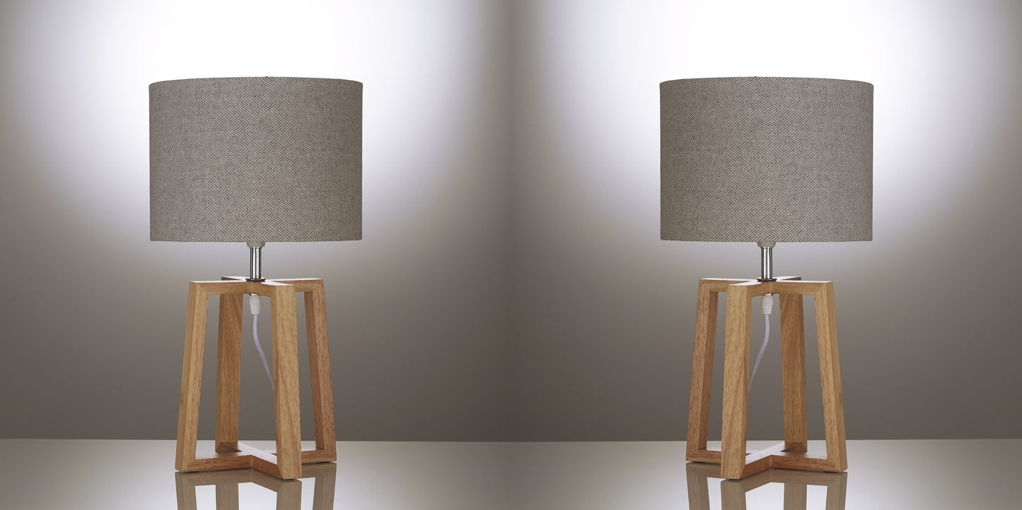 Pair of Natural Wooden Table Lamps with Linen Look Shades Criss Cross Legs