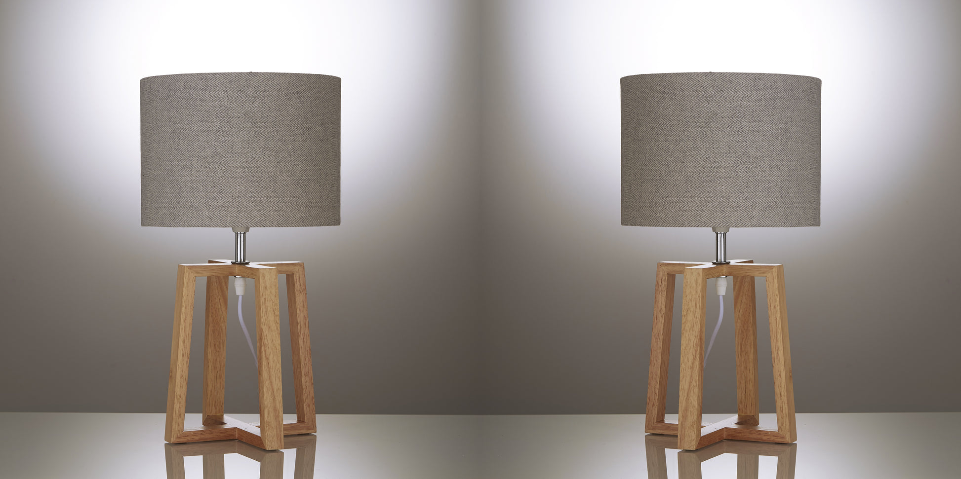 Pair of Natural Wooden Table Lamps with Linen Look Shades Criss Cross Legs