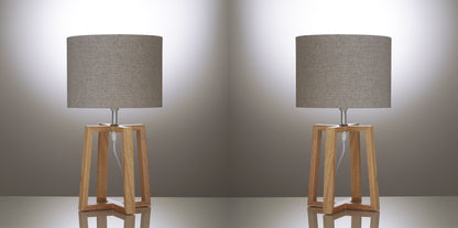 Pair of Natural Wooden Table Lamps with Linen Look Shades Criss Cross Legs