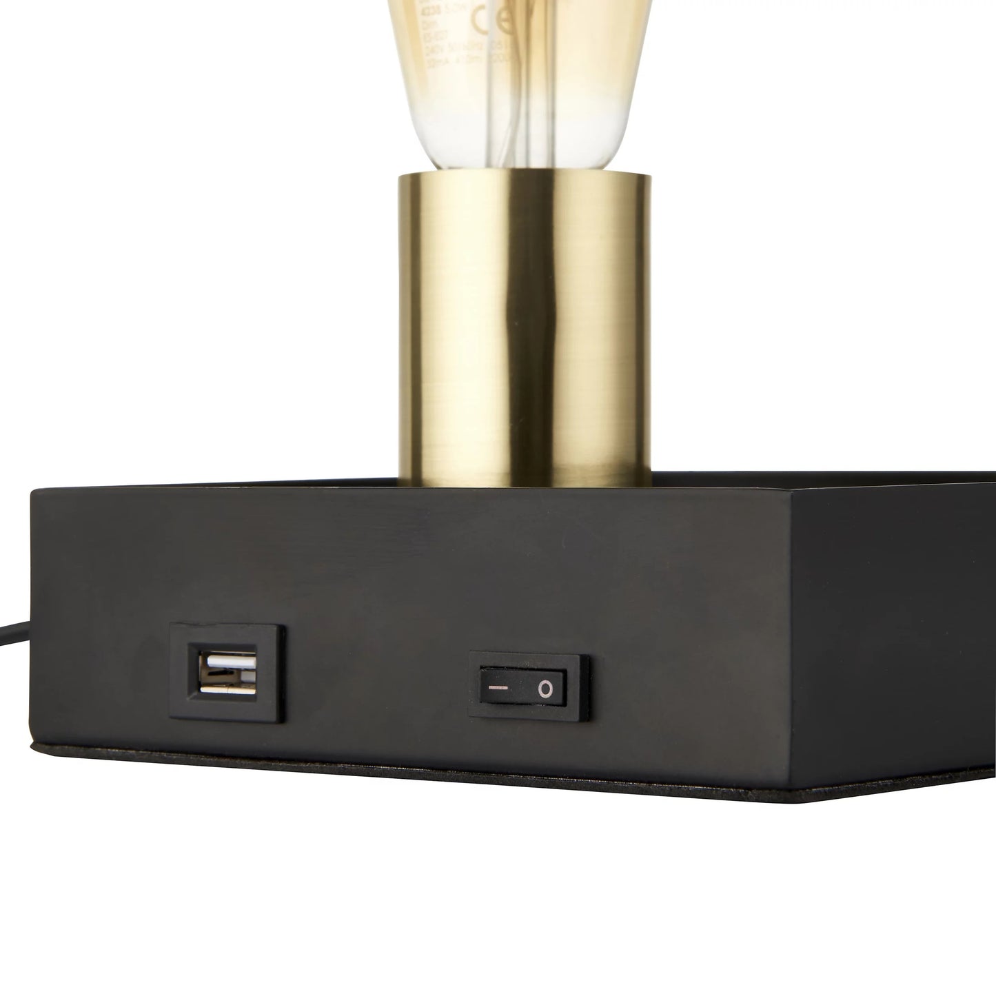 Key Square Table Lamp with USB Charging sockey Black and Satin Gold Effect
