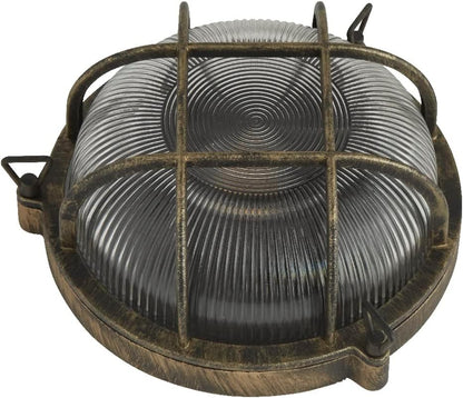 Antique Brass Ribbed Glass Outdoor Bulkhead Oblong or Round Light