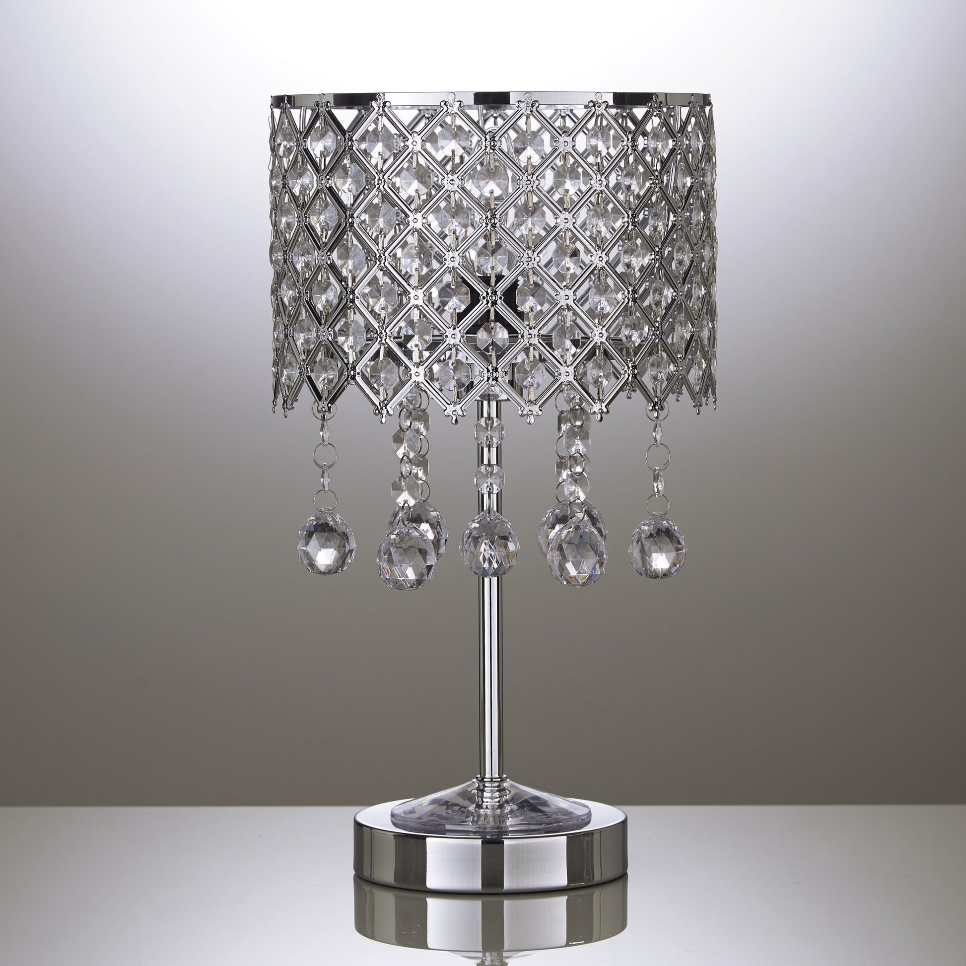 Silver Chrome Metal Table Lamp with Beaded Droplets and Beaded Lamps Shade