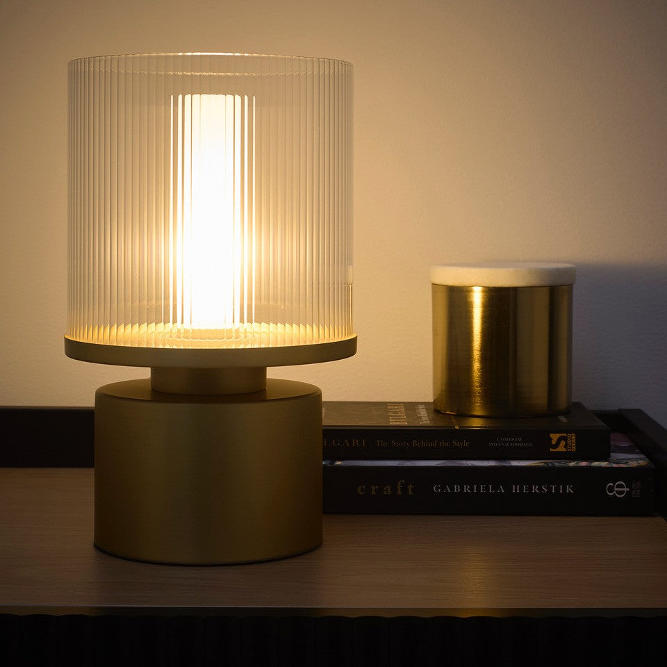 Ribbed Glass Satin Gold Table Lamp or Satin Nickel Table Lamp with Ribbed Glass Shade with a Ceramic Bulb Holding cover