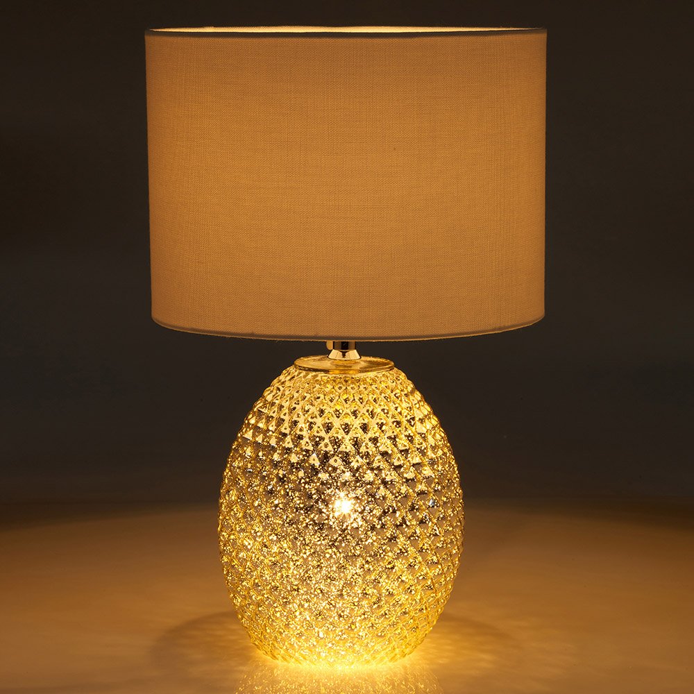 Chantelle Champagne Diamond Cut Pattern Glass Table Lamp, with Silver metallic Finish and White Shade