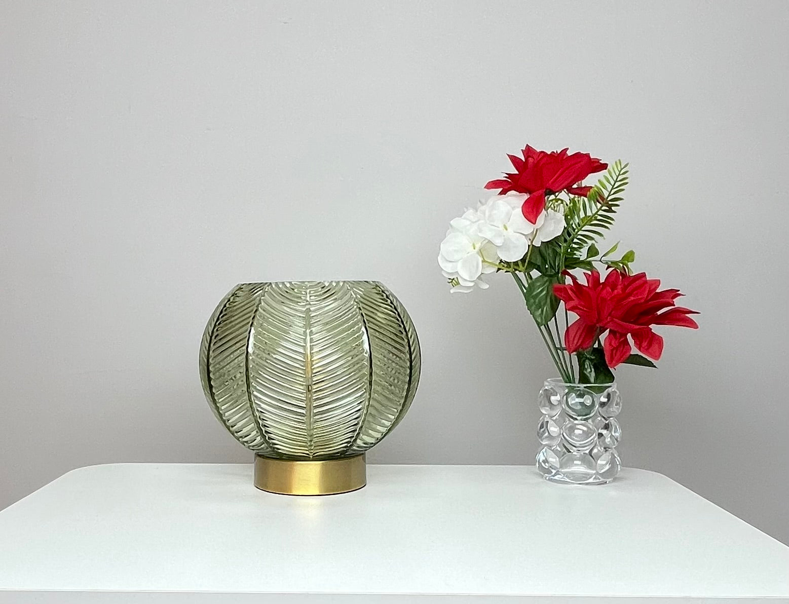 Leaf Design Glass Table Lamp in Green, Smoke Grey or Clear finishes with Matching Gold Base or Satin Chrome Base