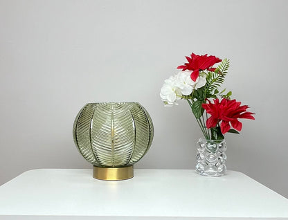Leaf Design Glass Table Lamp in Green, Smoke Grey or Clear finishes with Matching Gold Base or Satin Chrome Base
