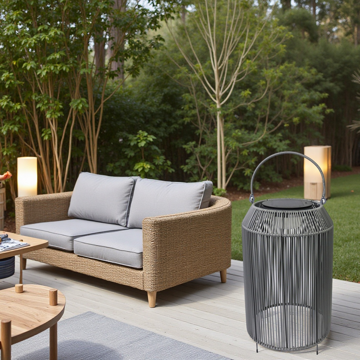 Rattan Solar Rechargeable Lamp In a Grey Finish with Legs - Perfect for Patio outdoor Setting Waterproof