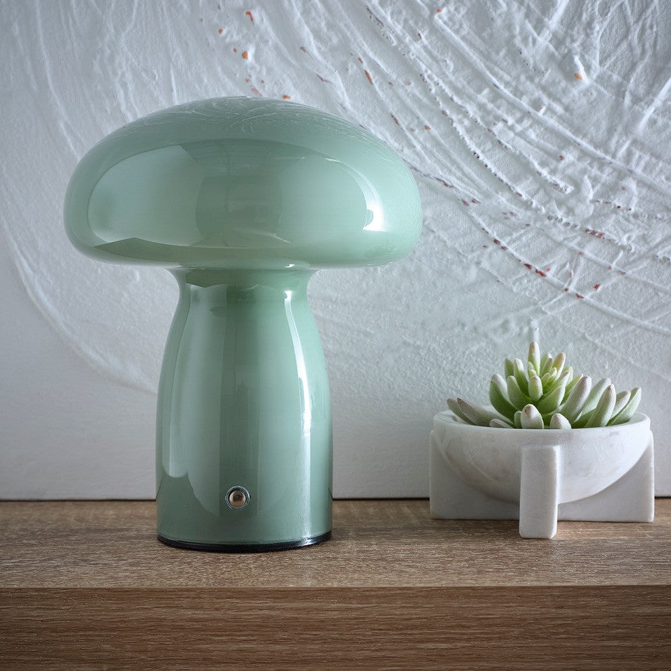 Mushroom Toadstool Glass Table Lamp in White, Duck egg Blue, Green, Lemon, Mocha and Brown - Rechargeable Lamps