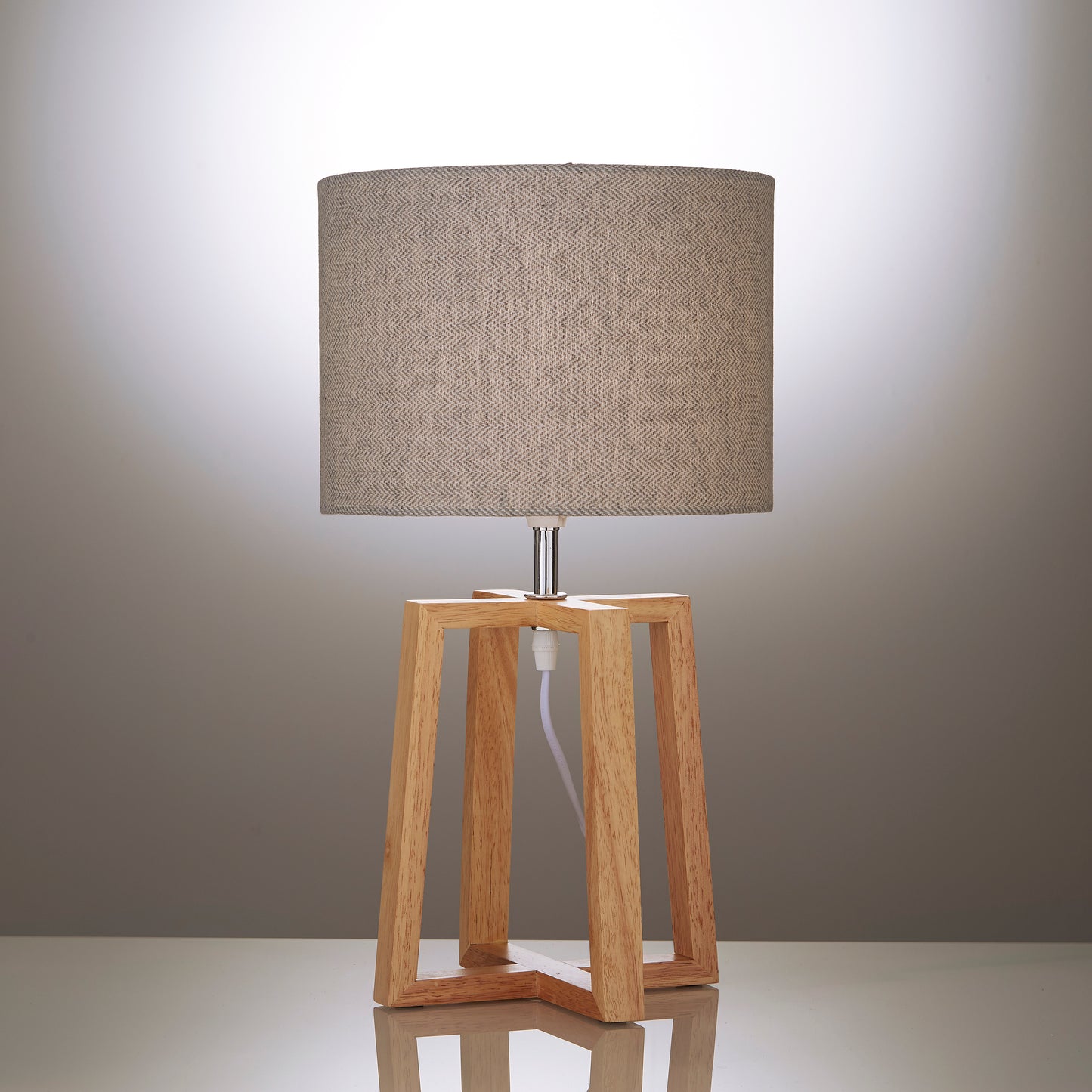 Pair of Natural Wooden Table Lamps with Linen Look Shades Criss Cross Legs