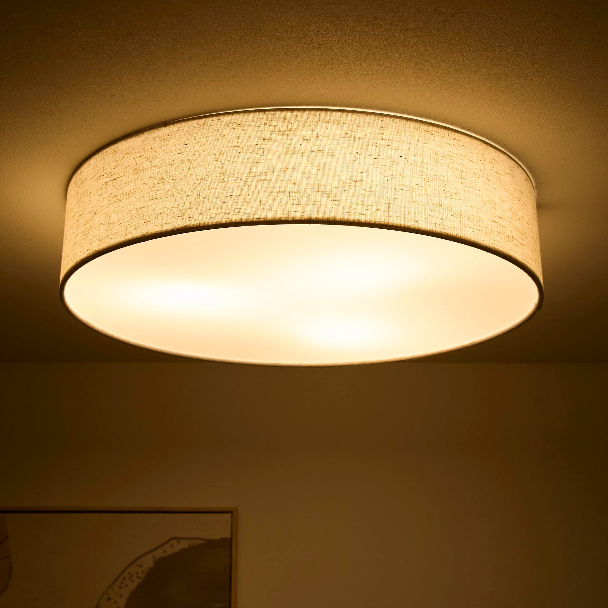 Natural Linen Flush Ceiling Light or Wall Light with White Diffuser Available in 2 Sizes 38 cm round and 45 cm Round