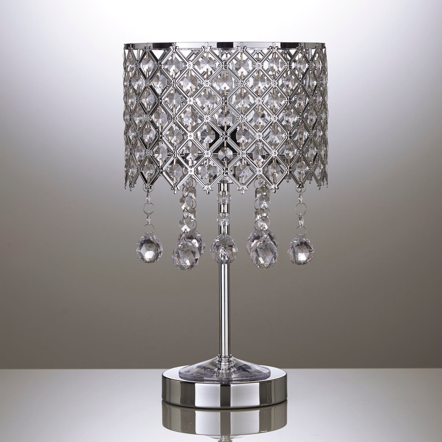 Silver Chrome Metal Table Lamp with Beaded Droplets and Beaded Lamps Shade