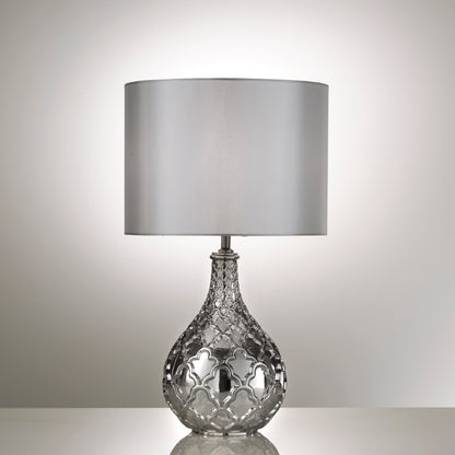 Smokey Grey Glass Table Lamp with Grey Satin Lamp Shade