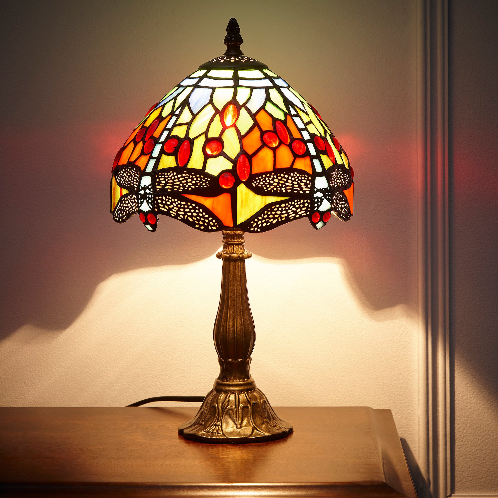 Mitcham Tiffany Style 8 inch Table Lamp with a Dragon Fly Pattern design