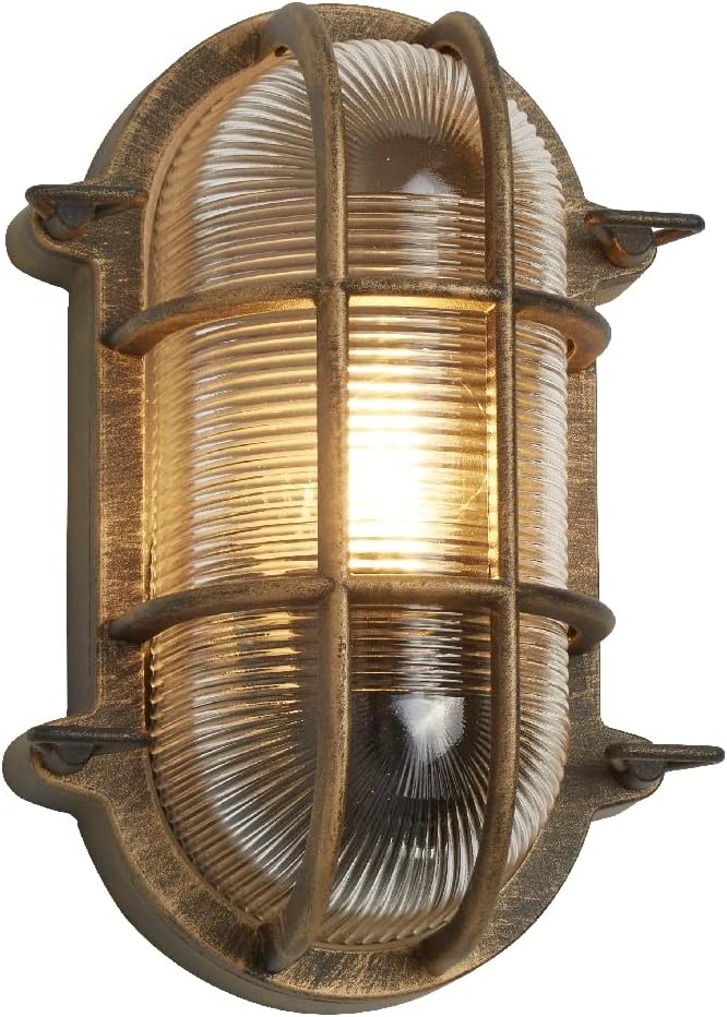 Antique Brass Ribbed Glass Outdoor Bulkhead Oblong or Round Light