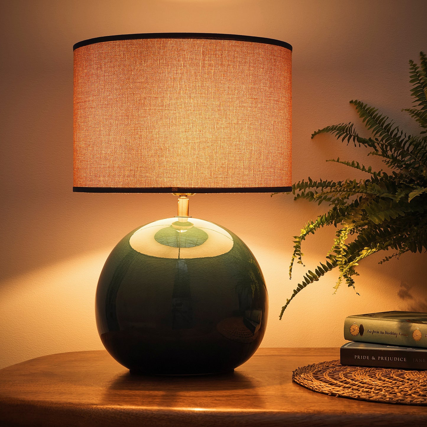 Ceramic Glazed Table lamps with Textured Weave Lampshades in Red, Green or Blue options