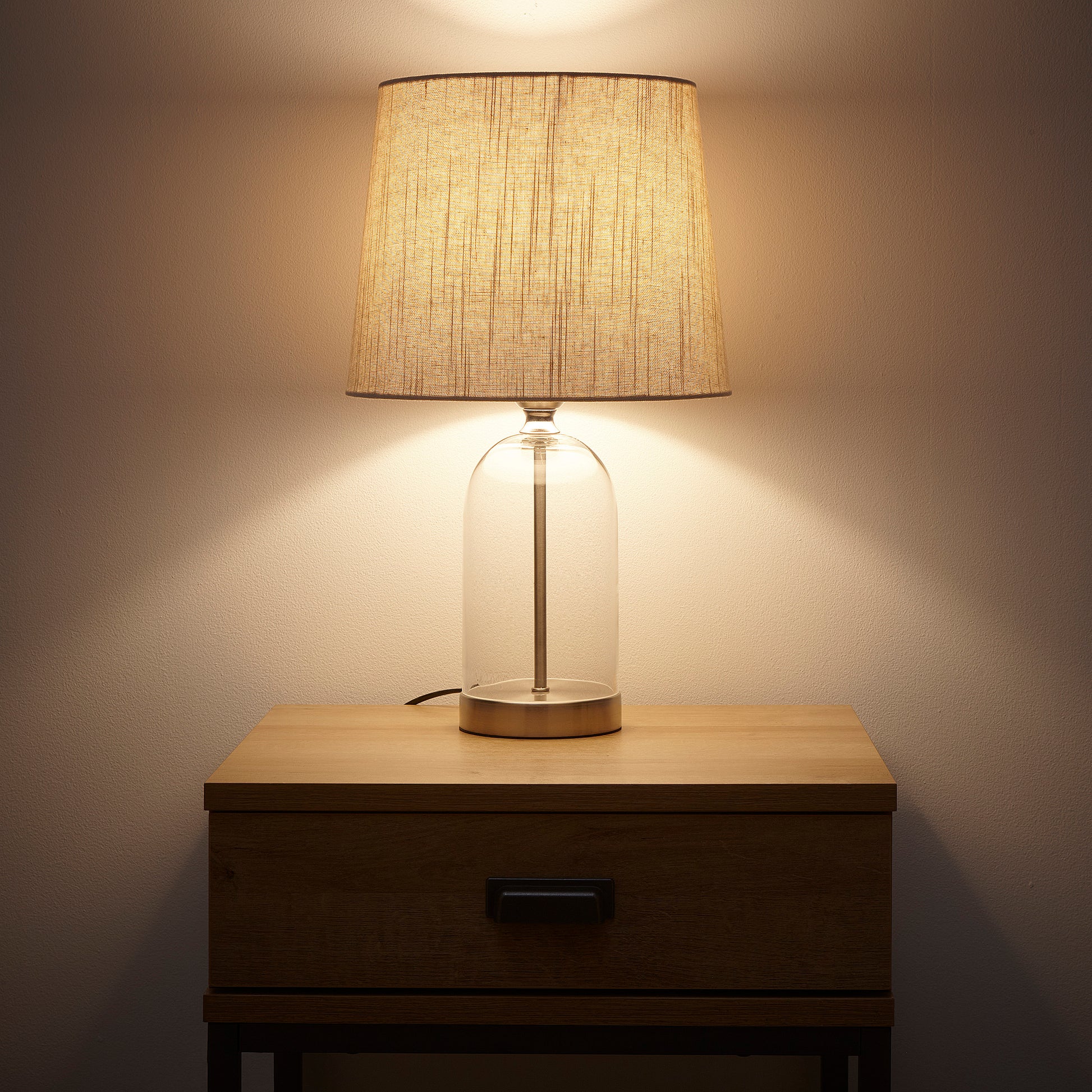 Chelsea Glass Table Lamp in Black, Silver or Antique Brass with Natural Linen Lampshade