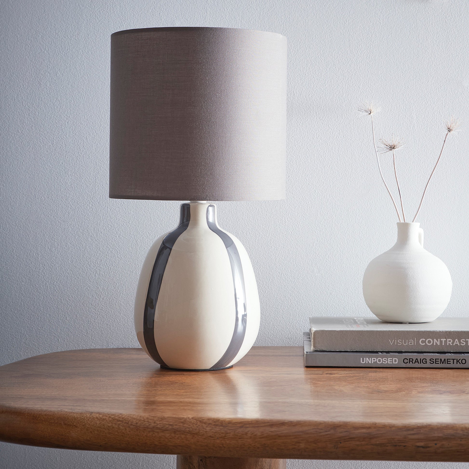 Painted Striped Ceramic Table Lamp with a round base and Matching shades, in Black, Blue, Green and Grey Colour options